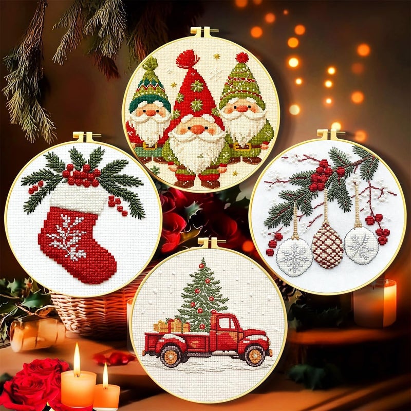 Zhenqing 11CT Stamped Cross Stitch Kit for Adults Beginners, Hand Embroidery Christmas Ornaments with Hoops and Instructions - Four-Piece Stocking Set (68448) - Image 1